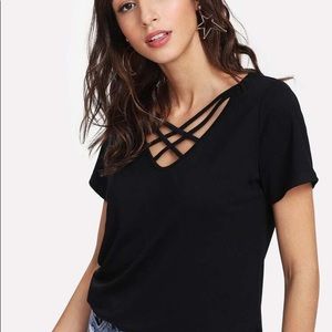 Crisscross V-Neck Short Sleeve Tee